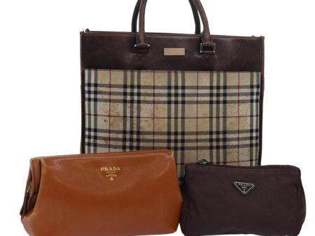 BURBERRY PRADA Nova Check Hand Bag Canvas Leather 3Set Beige BrownNew 76729 For Sale